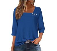 Camicetta da donna con bottoni, maniche a 3/4, scollo asimmetrico, casual, vestibilità ampia, maglietta basic per autunno e inverno, per vacanze, comoda tunica, 02 blu., S