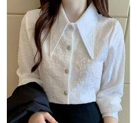 Camicetta da donna con colletto a punta alla francese, nuovi arrivi per primavera e autunno, design plissettato, sottomaglia strutturata, top a maniche lunghe di alta qualità colore bianco L,M,S,XLCol