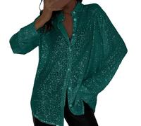 Camicetta da donna con colletto ampio e paillettes, a maniche lunghe, con bottoni, scollo a V, vestibilità ampia, per feste, da concerto, con glitter, casual, Verde, L