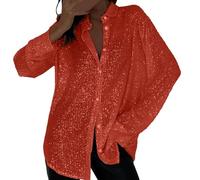Camicetta da donna con colletto ampio e paillettes, a maniche lunghe, con bottoni, scollo a V, vestibilità ampia, per feste, da concerto, con glitter, casual, Rosso, L