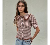 Camicetta da donna con colletto Peter Pan arricciato, maniche a palloncino e lunghezza regolare, in tessuto a quadri marroni intrecciato, adatta per vacanze, estate e primavera L,M,S,XLquadriTessuto i