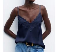 Camicetta da donna con inserti in pizzo regolabile con spalline a spaghetti, elegante e romantica, di stile chic e comoda per l'uso casual, adatta per lavoro, vacanza, Natale, festa di Ognissanti, col