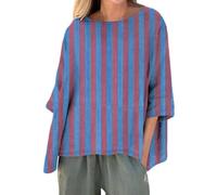 Camicetta da donna con maniche a 3/4, in cotone e lino, casual, estiva, girocollo, con spacco laterale, 1d-viola, L