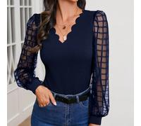 Camicetta da donna con maniche a lanterna, collo con bordo a scalinata, tessuto trasparente, manica lunga L,M,S,XL,XS,XXL,XXS,XXXL,XXXXLColore unicoTessuto in maglia