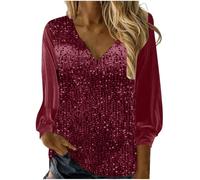 Camicetta da donna con maniche a lanterna UK, in paillettes dorate, in velluto, patchwork frontale, pullover con scollo a V, elegante, a maniche lunghe, camicia casual a vestibilità ampia, elegante