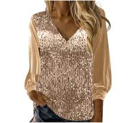 Camicetta da donna con maniche a lanterna UK, top in velluto oro con paillettes, patchwork frontale, scollo a V, elegante, a maniche lunghe, per lavoro e ufficio, camicetta casual a vestito con