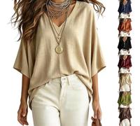 Camicetta da Donna con Maniche a Pipistrello con Scollo V Top Tunica Casual | Camicia oversize rilassata con maniche a 3/4 con spalla abbassata for le vacanze estive da donna