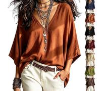 Camicetta da Donna con Maniche a Pipistrello con Scollo V Top Tunica Casual | Camicia oversize rilassata con maniche a 3/4 con spalla abbassata for le vacanze estive da donna