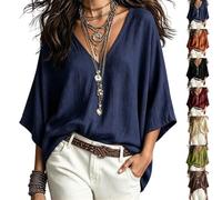 Camicetta da Donna con Maniche a Pipistrello con Scollo V Top Tunica Casual | Camicia oversize rilassata con maniche a 3/4 con spalla abbassata for le vacanze estive da donna
