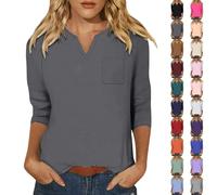 Camicetta da donna con maniche raglan a 3/4, top casual alla moda, camicia con scollo a V con intaglio rilassato, maglietta estiva comoda per il tempo libero con tasca, top da lavoro da indossare