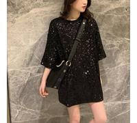 Camicetta da donna con ricamo con paillettes e maniche a cinque punti, top casual largo, camicia taglie forti per feste da indossare tutti i giorni, colore nero bianco (L nero)