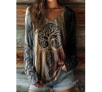 Camicetta da donna con scollo a V, a maniche lunghe, ampia, per ricevimento | Autunno Inverno, Boho Nature Vibe, Taglio sciolto rilassato, Dettaglio nodo celtico, Passeggiata nella natura
