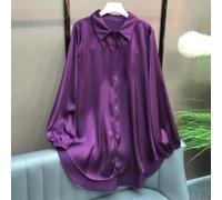 Camicetta da donna con scollo a V, a maniche lunghe, M-L, vestibilità ampia, casual, liscia come la seta, a tinta unita, per primavera, estate, uso quotidiano e vacanze (M viola)