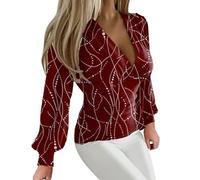 Camicetta da donna con scollo a V a vita alta camicia increspata a maniche lunghe elegante casual t-shirt tinta unita top da donna estate, Y3-rosso, 3XL