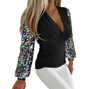 Camicetta da donna con scollo a V a vita alta camicia increspata a maniche lunghe elegante casual t-shirt tinta unita top da donna estate, Y1-trasparente, XL