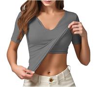 Camicetta da donna con scollo a V, elegante, bianca, sciancrata, vestibilità aderente, camicetta estiva, con scollo a V profondo, per il tempo libero, grigio., XXL