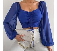 Camicetta da donna con scollo a V, in chiffon, con maniche a lanterna, con coulisse, patchwork, casual, tinta unita, per primavera, autunno, appuntamenti quotidiani per uscire (3XL blu)