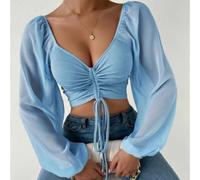 Camicetta da donna con scollo a V, in chiffon, con maniche a lanterna, con coulisse, patchwork, casual, tinta unita, per primavera, autunno, appuntamenti quotidiani, per uscire, nero (XL azzurro)