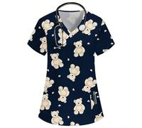 Camicetta da donna con scollo a V, maniche corte, due tasche, con stampe di orsetti, cuori e bambole, adatta per infermiere/medici, uniformi chirurgiche, uniformi per toelettatura animali domestici, d