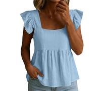 Camicetta da donna con scollo quadrato e maniche ad aletta, stile impero, increspato, in cotone e lino, con orlo a peplo arioso, materiale leggero, per l'estate e tutti i giorni, Azzurro, S