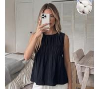 Camicetta da donna con scollo rotondo, senza maniche, arricciata, a-line, stile bambola, 100% cotone tracciabile, tessuto comodo, casual, rilassato, elegante, stile old money, per pendolarismo, vacanz