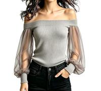 Camicetta da donna con spalle scoperte in maglia a costine a maniche lunghe | Questo splendido top con spalle scoperte combina un accogliente corpetto in maglia a costine con eleganti maniche a lanterna