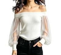 Camicetta da donna con spalle scoperte in maglia a costine a maniche lunghe | Questo splendido top con spalle scoperte combina un accogliente corpetto in maglia a costine con eleganti maniche a lanterna