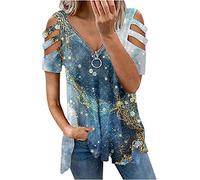 Camicetta da Donna con Spalle Scoperte Top da Donna Manica Corta con Scollo a V con Zip Allentata T-Shirt con Stampa Casual T-Shirt con Spalle Scoperte T-Shirt Estiva Camicetta con Zip