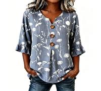 Camicetta da donna con volant, stampa floreale, maniche a sette punti, elegante, in lino, scollo a V, comoda camicia ariosa, semplice e alla moda, per il tempo libero, Stile A01 grigio, XXL