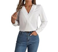 Camicetta da donna elegante a strati con scollo a V a maniche lunghe, morbida elasticizzata, slim fit, camicia casual da lavoro, bianco, L