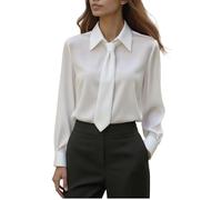 Camicetta da donna elegante con colletto e risvolto, a maniche lunghe, tinta unita, da lavoro, da donna, per ufficio, lavoro, camicie alla moda per uscite eleganti e casual, bianco, M