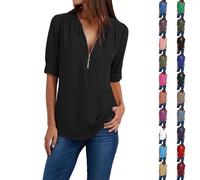 Camicetta da donna, elegante, con scollo a V, a tunica, tinta unita, leggera, traspirante, a mezza zip, a maniche lunghe, taglie forti, comoda maglietta estiva per il tempo libero, Nero , S