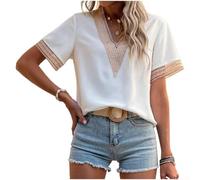 Camicetta da donna elegante con scollo a V profondo con finiture in pizzo, a maniche corte, tinta unita, per il tempo libero, per tutti i giorni, per primavera ed estate, vestibilità regolare (L-3XL