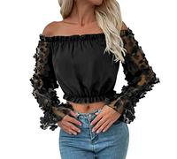 Camicetta da donna elegante con spalle scoperte, top estivo 3D, fiori senza spalline, patchwork, chiffon, a maniche lunghe, taglie grandi, maniche a lanterna, elegante, elasticizzata, tuniche, O nero