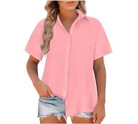 Camicetta da donna elegante e chic camicia in lino da donna a maniche corte ampia camicetta casual tinta unita estate ufficio vacanza, 69 Rosa, 5X-Large