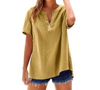 Camicetta da donna elegante ed elegante camicia in cotone lino, camicia oversize da donna a manica corta, camicetta con scollo a V maglietta casual tinta unita ampia traspirante top tutti i giorni