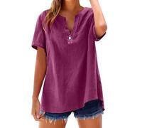 Camicetta da donna elegante ed elegante camicia in cotone lino, camicia oversize da donna a manica corta, camicetta con scollo a V maglietta casual tinta unita ampia traspirante top tutti i giorni