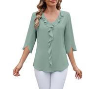 Camicetta da donna elegante in chiffon, maniche a 3/4, maglietta estiva con scollo a V, foglia di loto, tinta unita, camicetta da donna, verde, XL