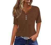 Camicetta da donna, elegante, in cotone e lino, a maniche corte, da donna, oversize, per il tempo libero, per le ragazze, per il tempo libero, in lino, grandi dimensioni, marrone, 3XL