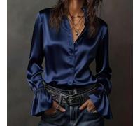 Camicetta da donna elegante in raso con bottoni, a maniche lunghe, in finta seta, tinta unita, casual, da ufficio, da donna, per tutti i giorni, vacanze, feste, quattro stagioni, dalla S alla 2XL, oro