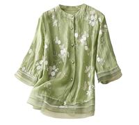 Camicetta da Donna Elegante Scollo a V a Maniche 3/4 Sleeve T Shirts for Women Summer Elegant Embroidered Button Down Casual Work Top Lino Moda Spiaggia Maniche Lunghe Fantasia T Shirt (Green,M)