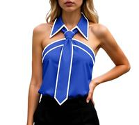 Camicetta da donna elegante, senza maniche, con colletto e cravatta, alla moda, colori a contrasto, top con allacciatura al collo, per il tempo libero, spalle scoperte, camicetta estiva, per lavoro