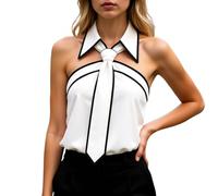 Camicetta da donna elegante, senza maniche, con colletto e cravatta, alla moda, colori a contrasto, top con allacciatura al collo, per il tempo libero, spalle scoperte, camicetta estiva, per lavoro