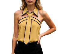 Camicetta da donna elegante, senza maniche, con colletto e cravatta, alla moda, colori a contrasto, top con allacciatura al collo, per il tempo libero, spalle scoperte, camicetta estiva, per lavoro
