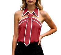 Camicetta da donna elegante, senza maniche, con colletto e cravatta, alla moda, colori a contrasto, top con allacciatura al collo, per il tempo libero, spalle scoperte, camicetta estiva, per lavoro
