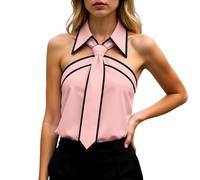 Camicetta da donna elegante, senza maniche, con colletto e cravatta, alla moda, colori a contrasto, top con allacciatura al collo, per il tempo libero, spalle scoperte, camicetta estiva, per lavoro