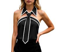 Camicetta da donna elegante, senza maniche, con colletto e cravatta, alla moda, colori a contrasto, top con allacciatura al collo, per il tempo libero, spalle scoperte, camicetta estiva, per lavoro