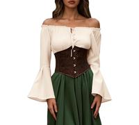 Camicetta da donna in chiffon, spalle scoperte, stile medievale, maniche corte, tinta unita, camicia bohémien fluida per l'uso quotidiano in primavera, beige., M