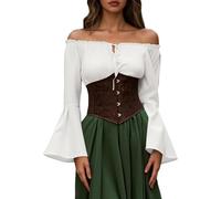 Camicetta da donna in chiffon, spalle scoperte, stile medievale, maniche corte, tinta unita, camicia bohémien fluida per l'uso quotidiano in primavera, bianco, XL