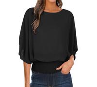 Camicetta da donna in chiffon tinta unita classica con scollo a barchetta e maniche a pipistrello con design a punto smock in vita che scorre camicia elegante per ufficio, sera e abbigliamento casual